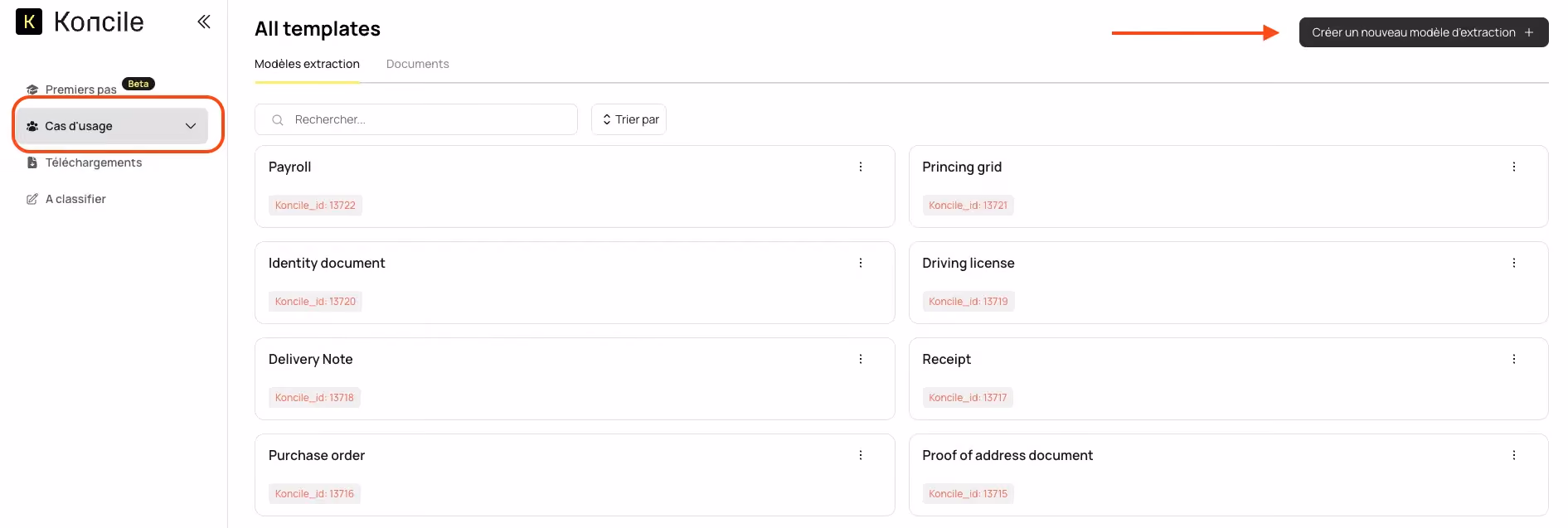 OCR model Koncile, AI OCR, create extraction model, custom OCR, document OCR tool, no-code interface, OCR API, PDF image OCR, data field OCR, automation OCR. Screenshot showing the “Use Case” tab where users can create a new OCR extraction model in Koncile.ai.