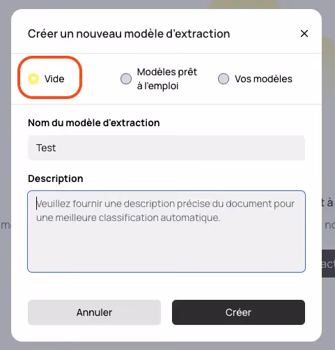 OCR model name, empty template creation, AI OCR Koncile, business OCR, custom extraction, image PDF processing, automated OCR, no-code OCR, smart OCR tool, API OCR. Image of the model creation screen where the user defines a name and selects “empty” for full customization.