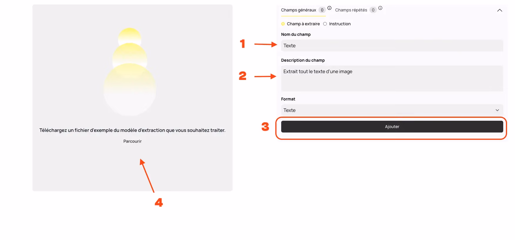 OCR field name, Koncile setup, custom field, image text extraction, OCR documents, LLM OCR, AI OCR tool, field configuration, OCR automation, API integration. Example of creating a custom field in a Koncile model to extract a specific text area from a document.