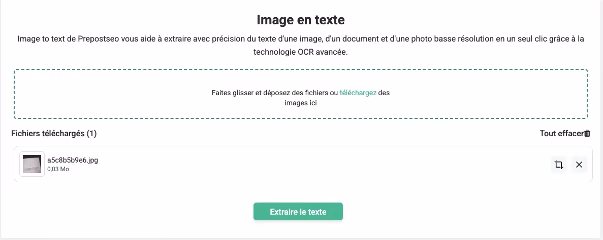 Prepostseo OCR, extract text button, image to text conversion, blurry document OCR, multilingual image OCR, free OCR tool, web interface, fast recognition, easy OCR, .doc conversion. User presses “Extract text” to initiate OCR processing of the uploaded file.