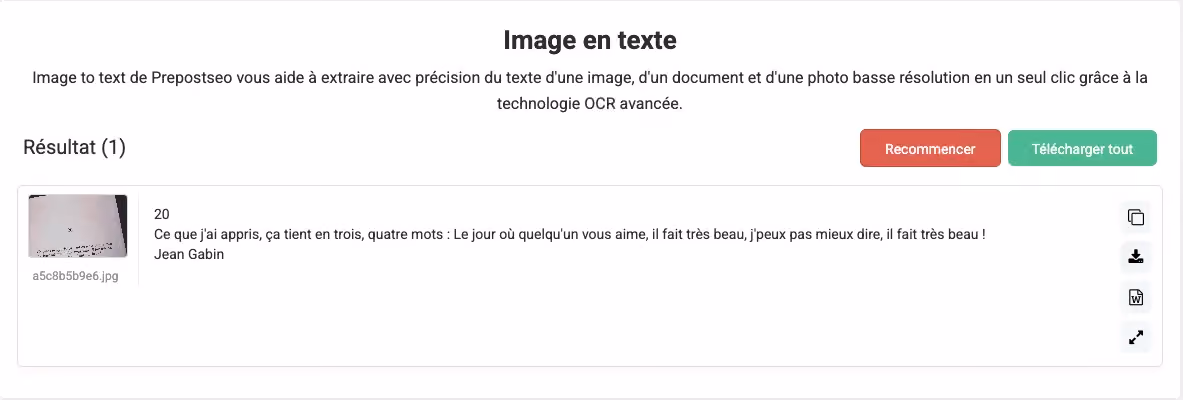 Download OCR result, Prepostseo output, .txt file OCR, image-to-text conversion, .doc export, OCR for business, extract text from image, document recognition, no-code OCR, image result. Visual showing final OCR output with download options for .txt or .doc files.