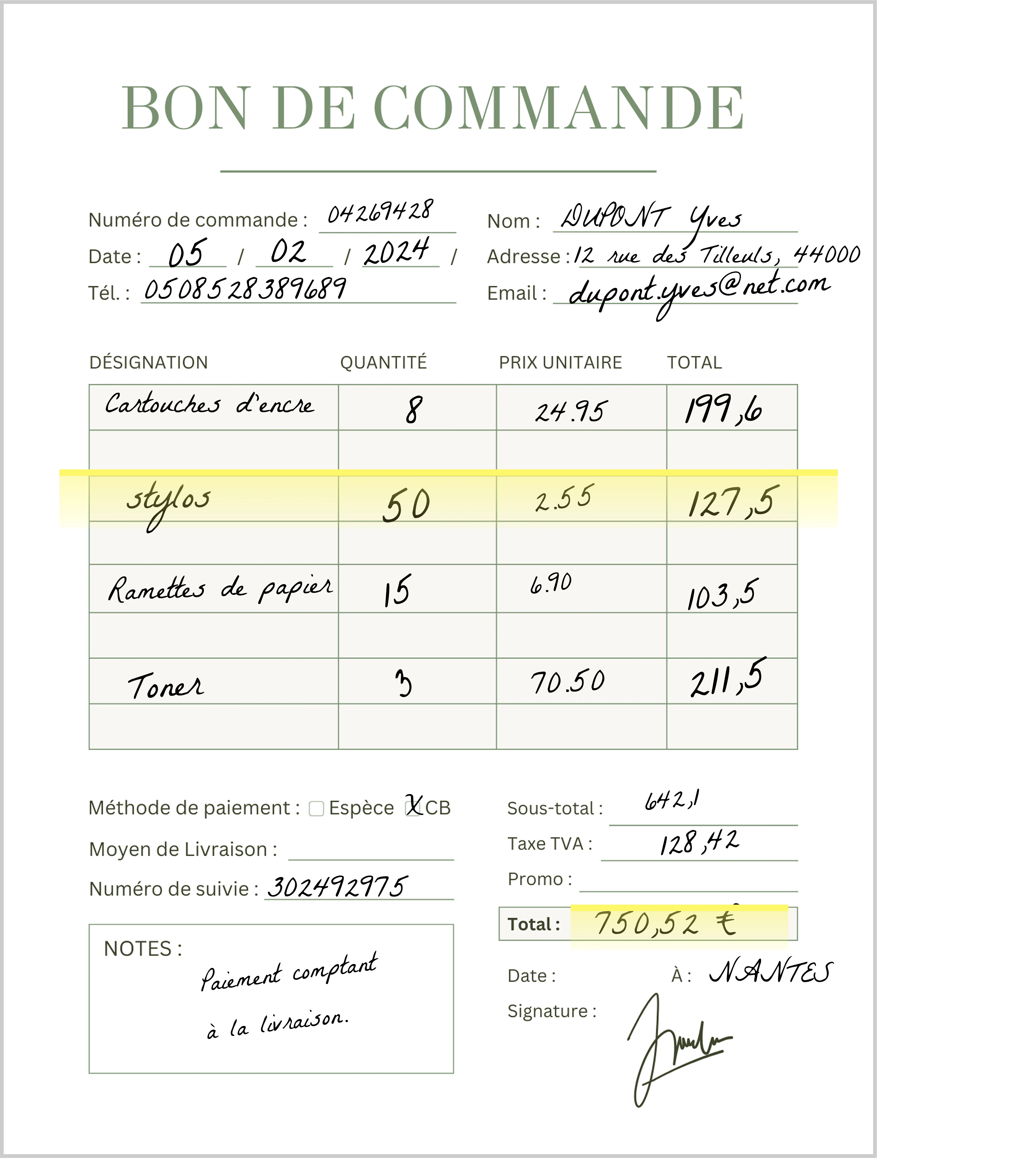 bon de commande manuscrit