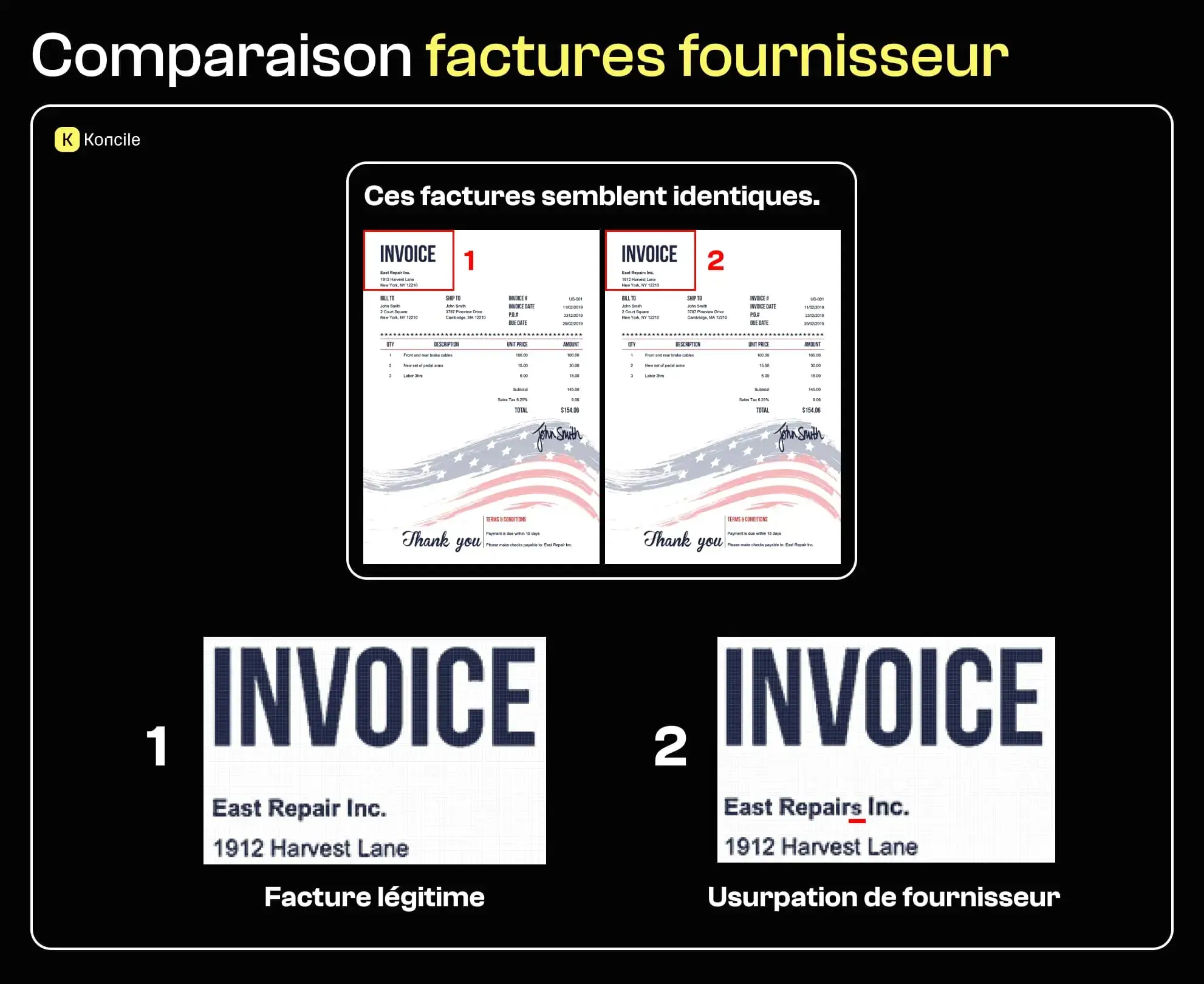 Comparaison entre une facture fournisseur légitime et une facture falsifiée par usurpation d’identité, montrant une différence subtile dans le nom de l’entreprise.