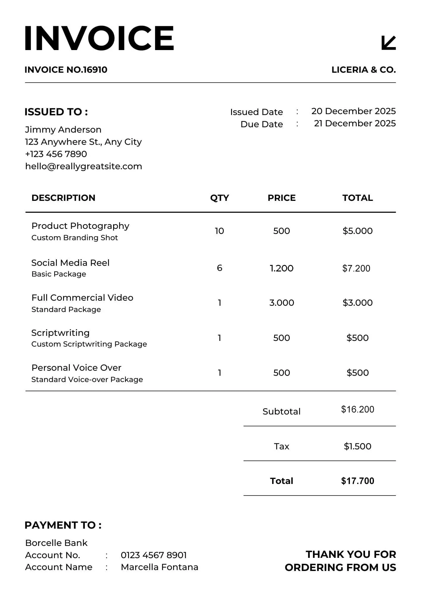 Test document 1 used for amount modification detection. A simple US-format invoice with multiple product lines.