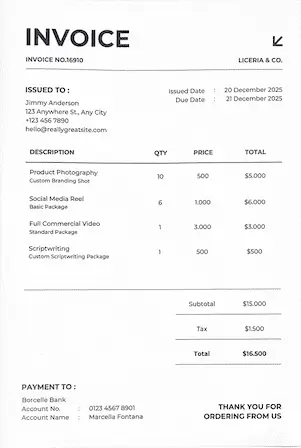 Test document for inpainting detection showing a scanned invoice with one product line removed.