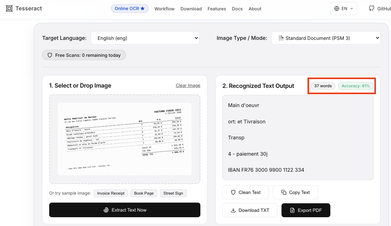 The tilted invoice submitted to Tesseract's online OCR tool.