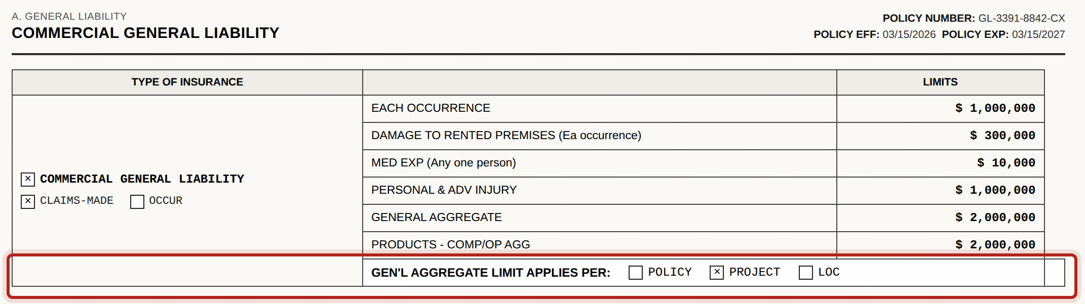 Excerpt of a certificate of insurance (ACORD 25) showing the "Gen'l Aggregate Limit Applies Per" field, with the Policy, Project and Loc checkboxes, highlighted in red.