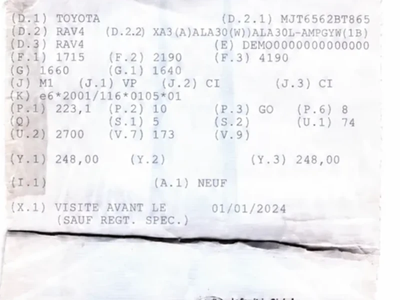 Cases codées D.1 à Y.3 d'un certificat d'immatriculation spécimen : polices et alignements comparés au gabarit