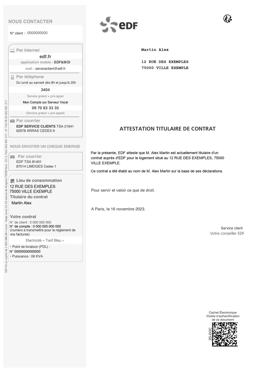 Attestation EDF annotée : où chaque type de faux justificatif laisse sa trace, données remplacées par des données fictives