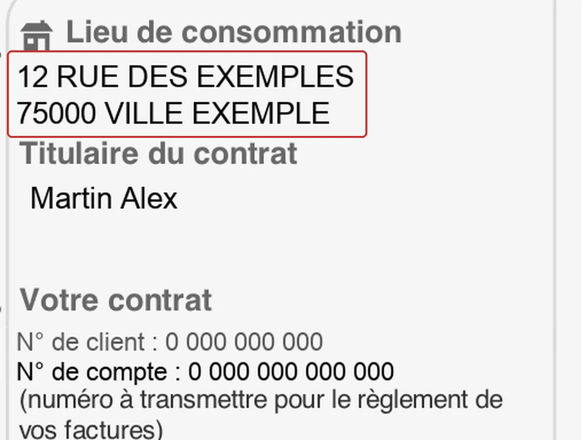 Lieu de consommation, titulaire et références d'une attestation EDF, données remplacées par des données fictives