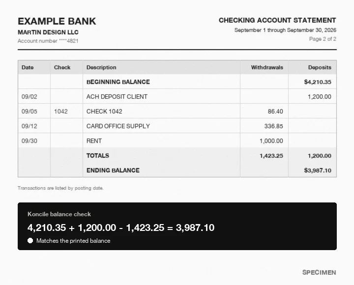 Bottom of a fictitious bank statement, with the ending balance and the Koncile balance check