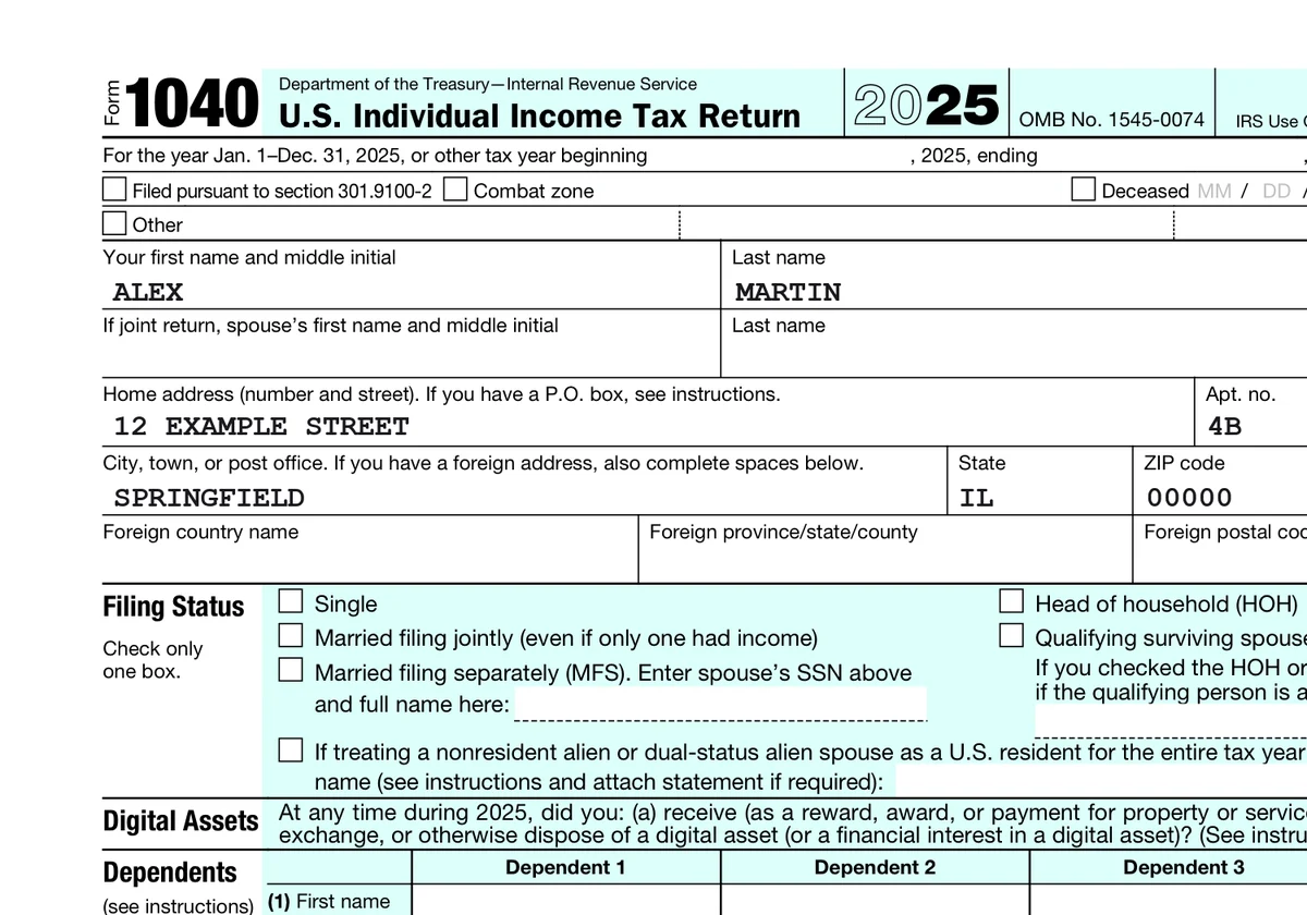 Header of a US Form 1040, specimen