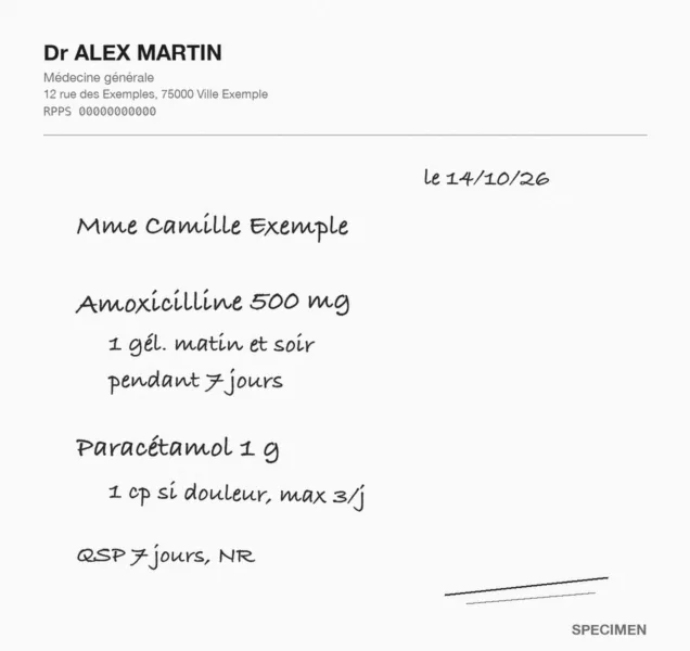 Ordonnance manuscrite fictive marquée SPECIMEN, données inventées