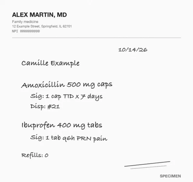 Fictitious handwritten prescription marked SPECIMEN, made up data
