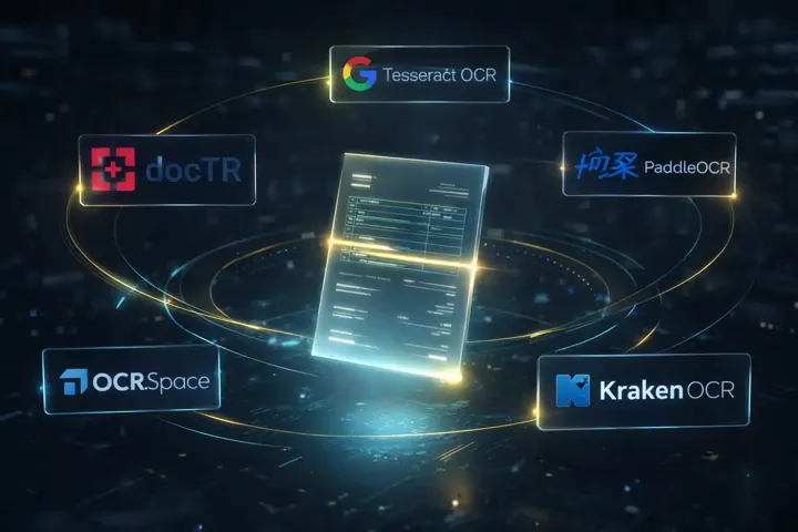 Illustration futuriste d’un document numérique scanné par une IA, entouré de logos d’OCR open source reliés par des flux de données.